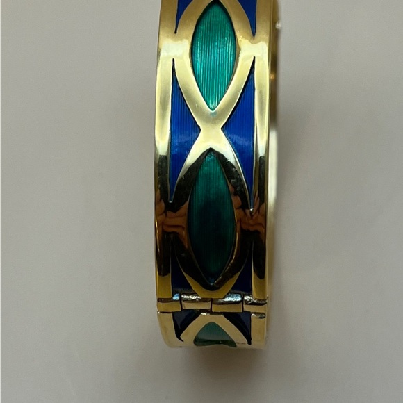 4022-PTT Vintage Signed Napier Bangle Goldtone Metal Blue & Green Geometric - Picture 6 of 13
